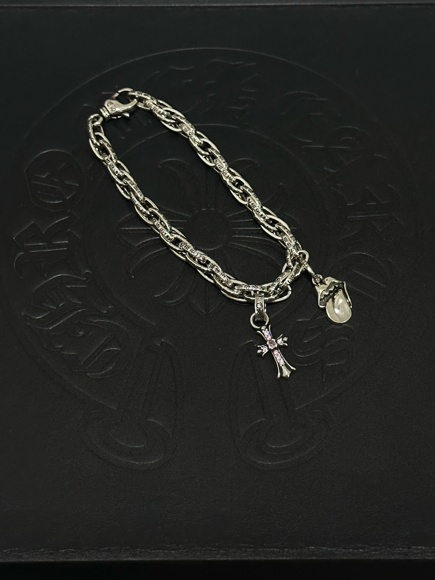 Chrome Hearts Silver Cross Charm Bracelet with Pearl Pendant